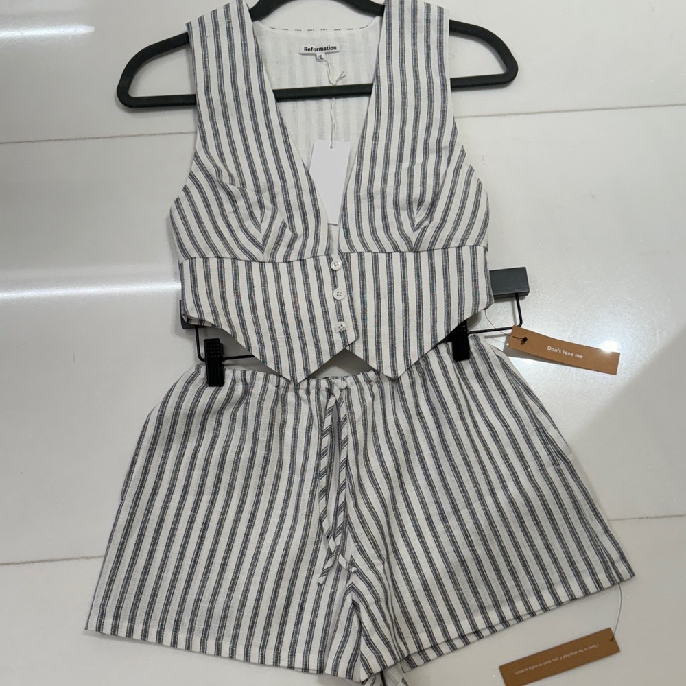 Reformation grey and white stripe linen set